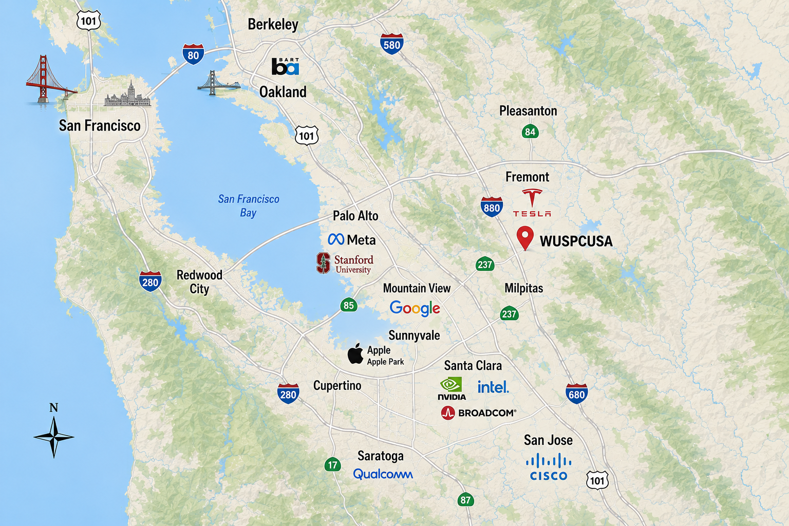 Silicon Valley map with a location marker on Milpitas, California