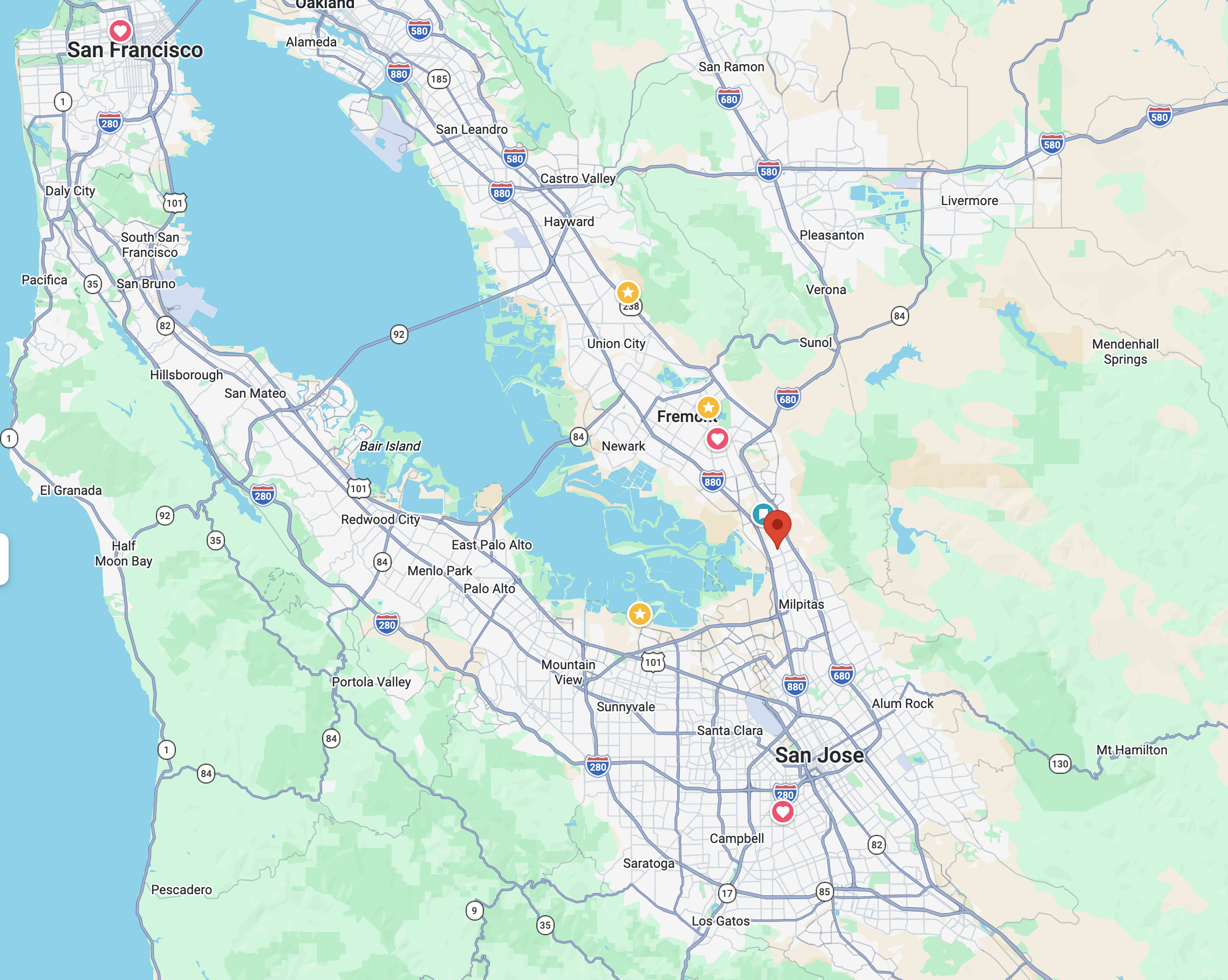 Silicon Valley map with a location marker on Fremont, California