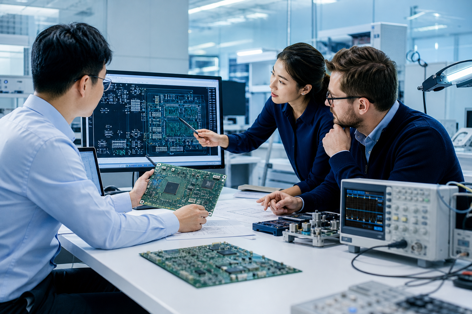 Engineers reviewing a PCB design with test equipment